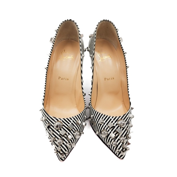 Christian Louboutin Black White Striped Patent Leather Studded Heels EU 38.5 - Picture 3 of 8